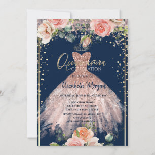 Dress Tiara, diamanter Rosor Blå Quinceañera Inbjudningar