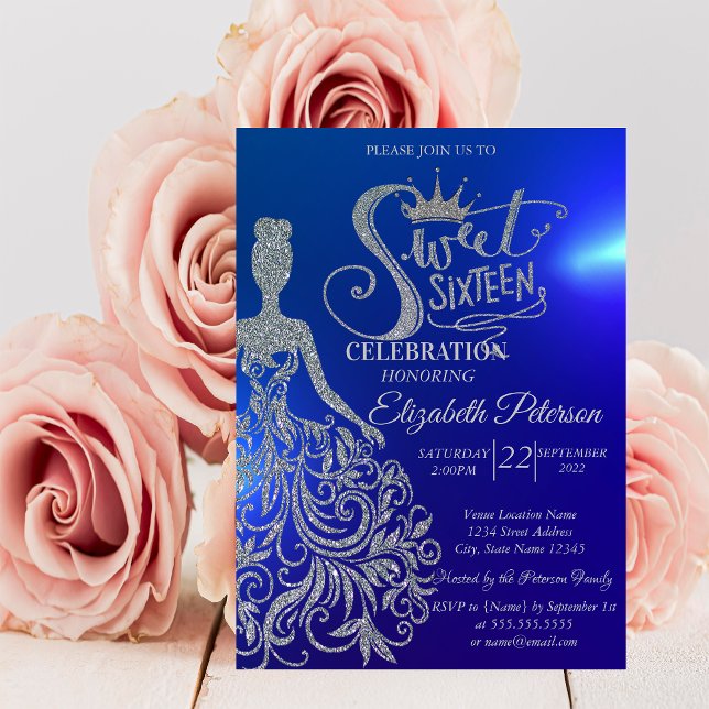 Dress, Tiara,Diamonds Blue, silver Glitter Inbjudningar (Skapare uppladdad)