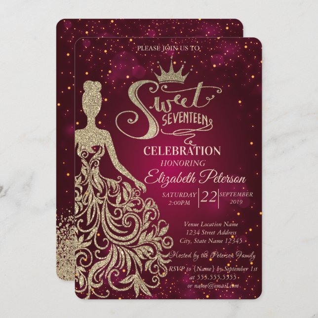 Dress, Tiara, Diamonds Sweet 17, guld Glitter Inbjudningar (Fram/baksida)