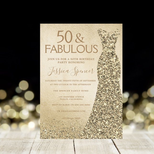 Dress Womans i guld 50:e Födelsedagsfesten Inbjudningar (Skapare uppladdad)