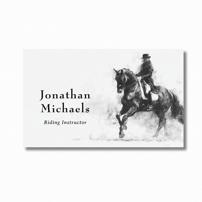 Dressage Professionell Black & White Horse Sketch Visitkort (Front - Dressage Professional Black & White Horse Business Card)