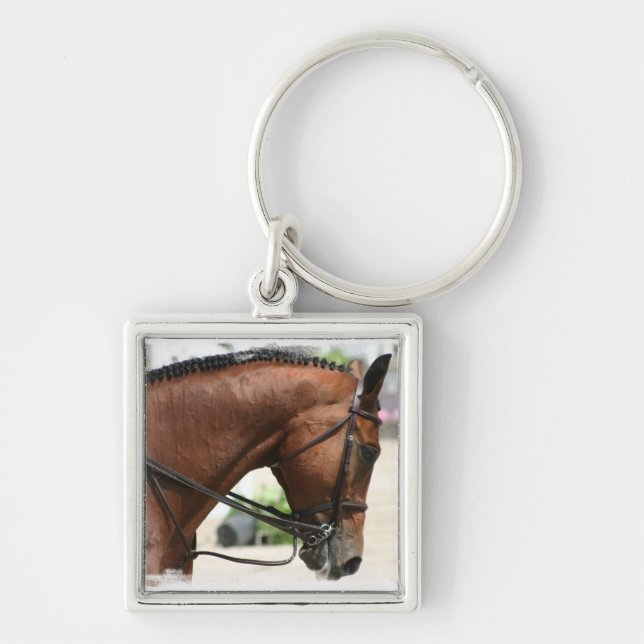 Dressagehäst Keychain Fyrkantig Silverfärgad Nyckelring (Framsidan)