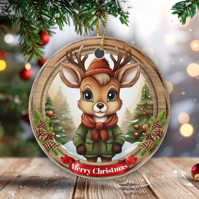 Dressed Whimsical Ren Drömtid Julsäsong 🦌🎄 Julgransprydnad Keramik (Customizable Text Whimsical Reindeer Holiday Season Personalizable Rustic Xmas Pine Wood Decor 🦌🎄)