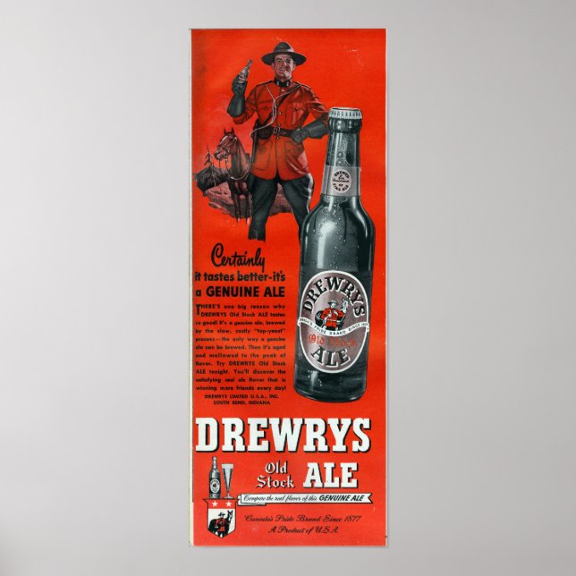 DREWRYS GAMLA CANADIAN BEER-POSTER LAGRAR ALE-VINT POSTER (Framsidan)