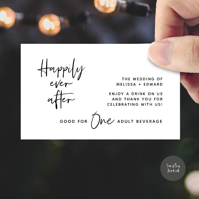 Drick Biljett Vuxen Beverage lyckligtvis allt efte Tilläggskort (Drink Ticket Adult Beverage Happily Ever After Modern Romantic Party Enclosure Card in White Black)