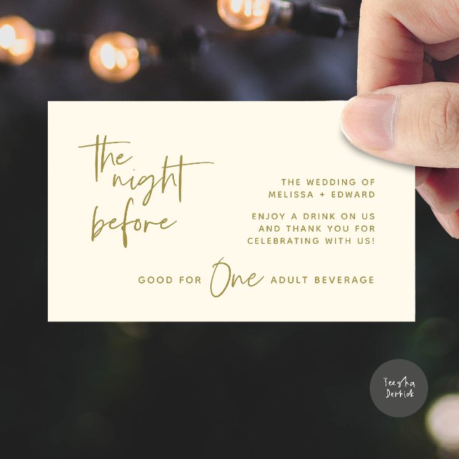 Drick Biljett Vuxen Beverage Natten före Party Tilläggskort (Drink Ticket Adult Beverage The Night Before Modern Romantic Party Enclosure Card in Yellow Gold)