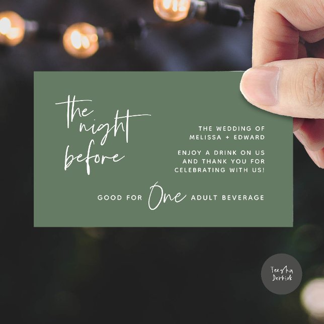 Drick Biljett Vuxen Beverage Natten före Party Tilläggskort (Drink Ticket Adult Beverage The Night Before Modern Romantic Party Enclosure Card in Sage Green)