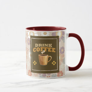 Drick kaffemugg – vinröd blomsterestetisk mönster