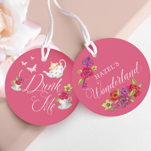 Drick mig Alice i Wonderland Vibrant Blommigt teko Gåvor Etiketter (Drink Me Alice in Wonderland Vibrant Floral teacup Favor Tags)