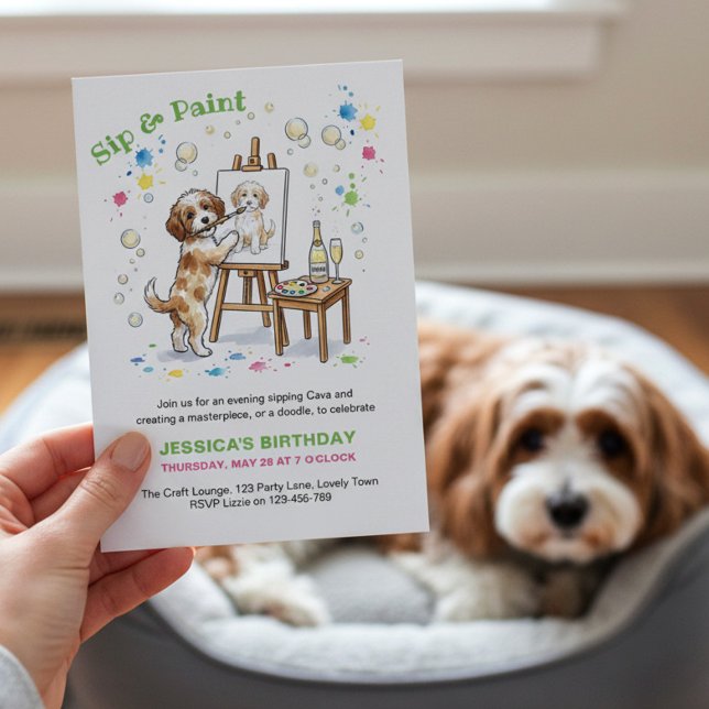 Drick och Mål Din Husdjurs Cava Födelsedagsfest Inbjudningar (Sip and Paint party - whether you paint pet portraits or doodles, pair with a glass of bubbly!)