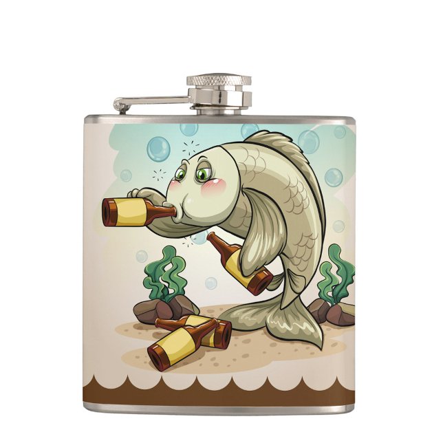Drick som en fisk fickplunta (A cartoonish, light-colored fish with green eyes and rosy cheeks is drinking from a brown bottle.)