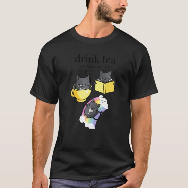 Drick Te Läs Böcker Var Glad Bok Svart Smoking Kat T Shirt (Framsida)