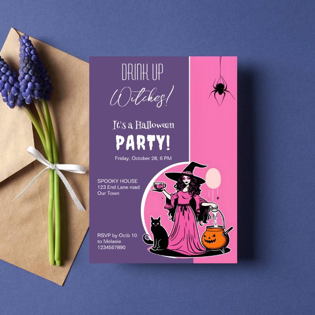 Drick upp häxor Halloween fest Inbjudningar (Drink up witches Halloween party template invitation instant download groovy retro witch holding cup)