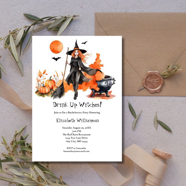 Drick Upp Häxor Henparty  Inbjudningar (Drink Up Witches Black Orange Bachelorette Party Invitation)