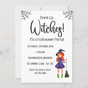 Drick Upp Häxor Vit Halloween-fest Invitation Inbjudningar