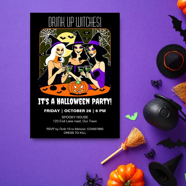 Drick upp häxor vuxen Halloween fest Inbjudningar (Drink up witches adult Halloween party template invitation digital three pretty witches partying)