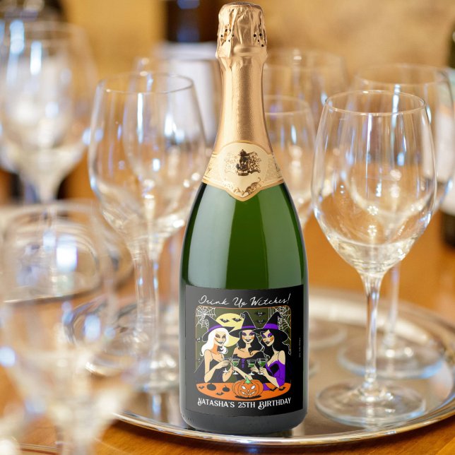 Drick upp häxor vuxen Halloween-födelsedagsfest (Drink up witches Halloween birthday party personalized champagne bottle labels Halloween favors)