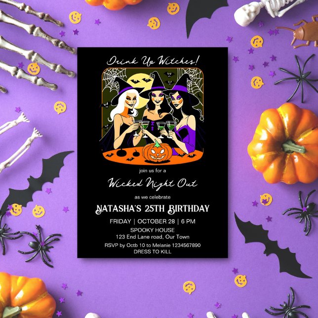 Drick upp häxor vuxen Halloween-födelsedagsfest Inbjudningar (Drink up witches Halloween birthday party template invitation digital download pretty witches wine)