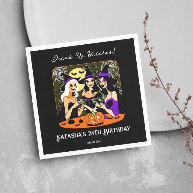 Drick upp häxor vuxen Halloween-födelsedagsfest Pappersservett (Halloween adult birthday party tableware personalized napkins pretty witches sipping cocktails black)