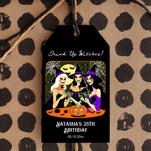 Drick upp häxor vuxen Halloween-födelsedagsfest Presentetikett (Drink up witches adult Halloween birthday party favor gift tags black gift tags)