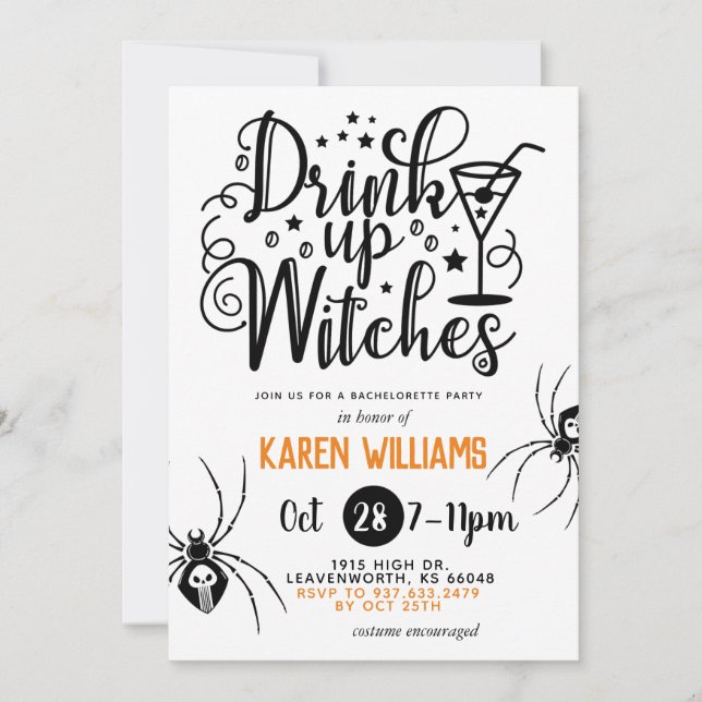 Drick upp Witches Halloween Bachelorette Party Inbjudningar (Framsida)