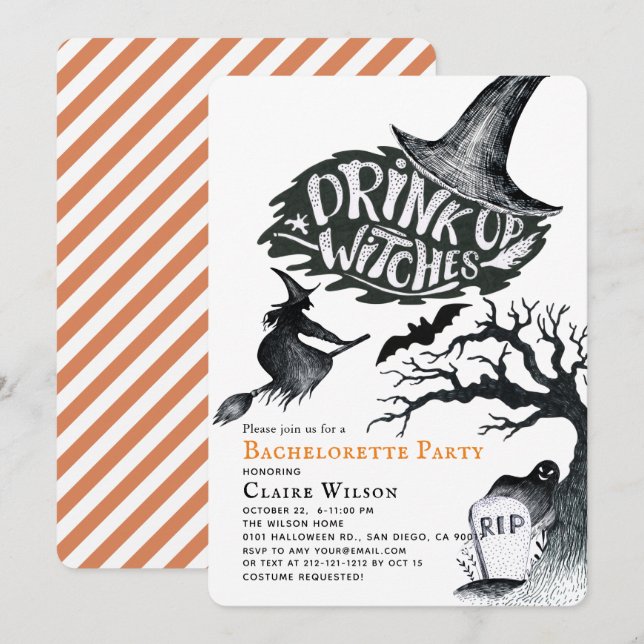 Drick upp Witches Halloween Bachelorette Party Inbjudningar (Fram/baksida)