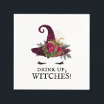 Drick upp Witches Halloween Red Witch Hat Pappersservett<br><div class="desc">Den idealiska servetten till din Halloween fest eller Halloween-temade bachelorette-fest. Den har en söt häxa ansikte (en burgundisk röd sammetshatt med en bukett av röd ros och svart ek löv över ett par vilande svarta ögonfransar). Under den svarta texten står "Drycka upp,  häxor!" i ett lämpligt,  läskigt teckensnitt.</div>