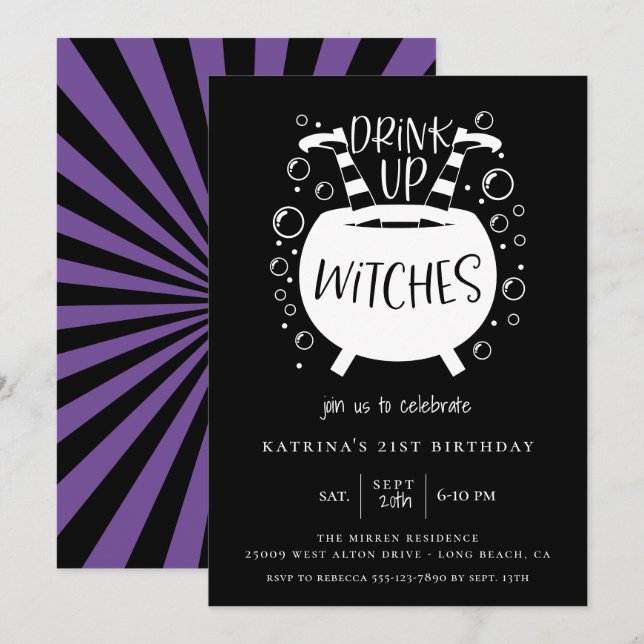 Drick upp Witches Halloween Theme Birthday Inbjudningar (Fram/baksida)
