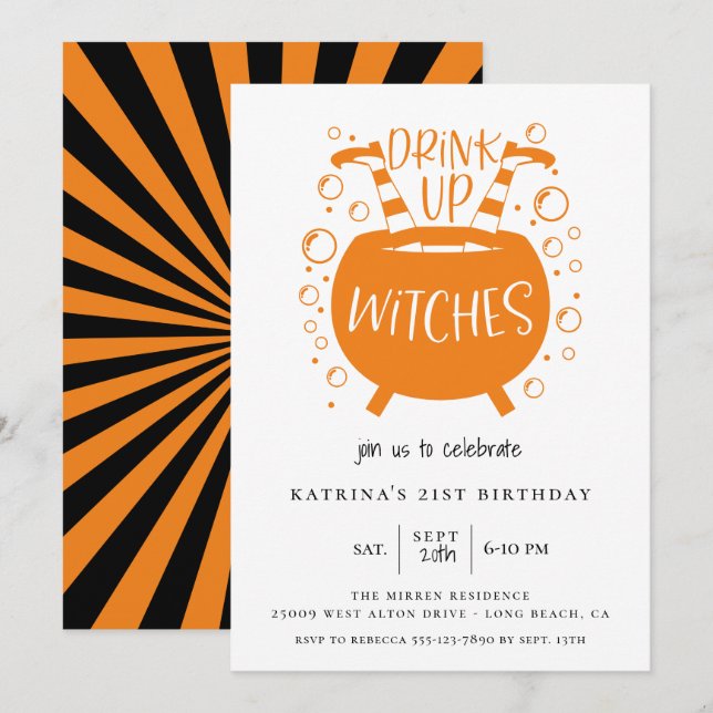 Drick upp Witches Halloween Theme Birthday Inbjudningar (Fram/baksida)