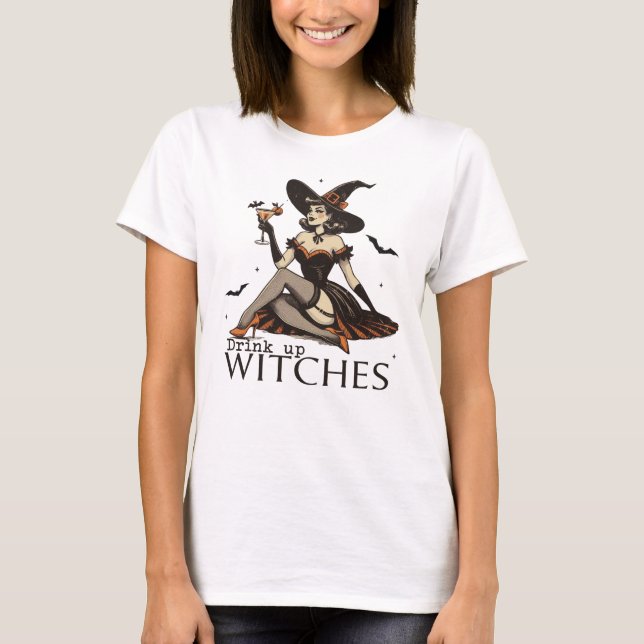 Drick upp Witches Retro Funny Halloween T Shirt (Framsida)