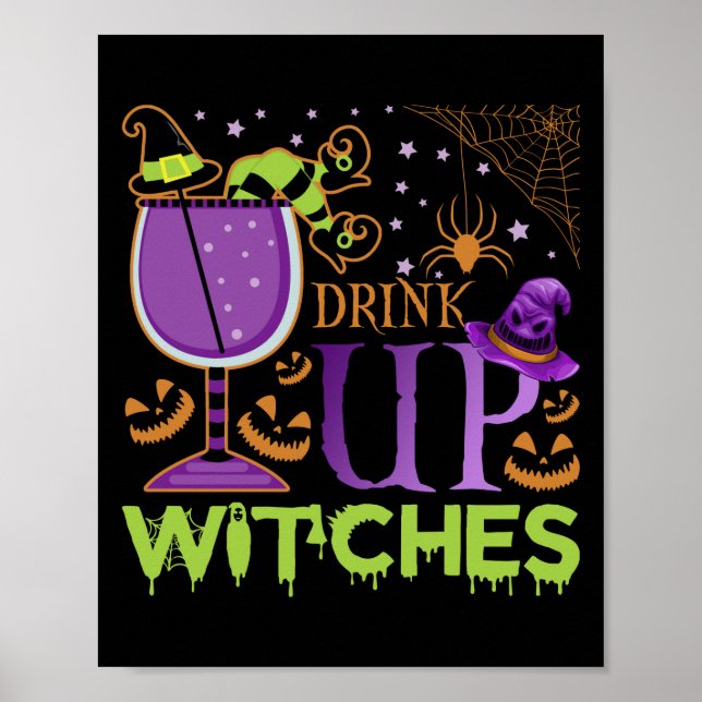Drick upp Witches Vin Älskare och drick Halloween Poster (Framsidan)