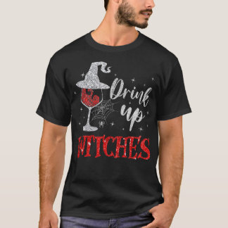 Drick upp Witches Vin Glass Funny Halloween Drinki T Shirt
