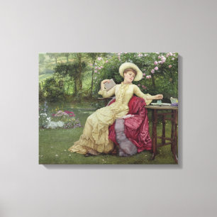 Dricka kaffe och läsning i trädgården (w/c på canvastryck