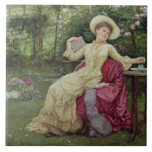 Dricka kaffe och läsning i trädgården (w/c på kakelplatta