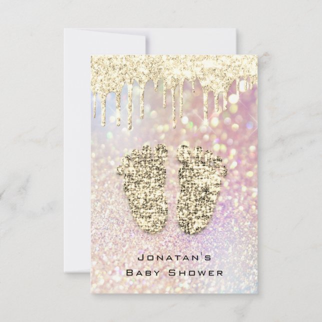 Drickar Glitter Baby Shower Feet Guld  Girl Boy Inbjudningar (Baksida)