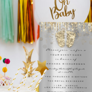 Drickar Glitter Baby Shower Feet Guld Grått Girl B Inbjudningar