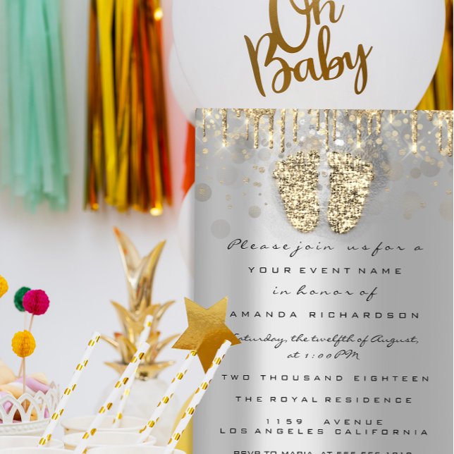 Drickar Glitter Baby Shower Feet Guld Grått Girl B Inbjudningar (Drips Glitter Baby Shower Feet Gold Gray Girl Boy Invitation)