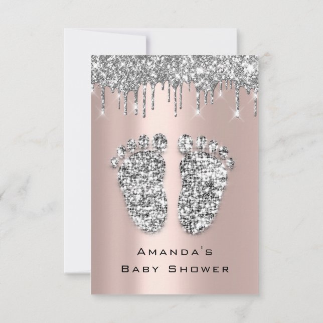Drickar Glitter Baby Shower Feet Ro Grått Girl Boy Inbjudningar (Baksida)