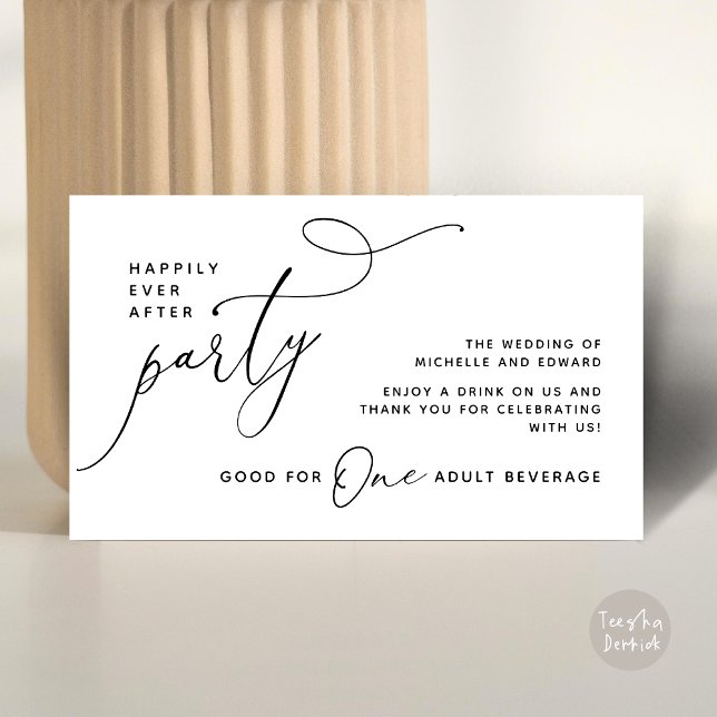 Drickbiljett Vuxen dryck Lyckligt Alltid Efteråt Tilläggskort (Drink Ticket One Adult Beverage Romantic Wedding Happily Ever After Dinner Party Black White)
