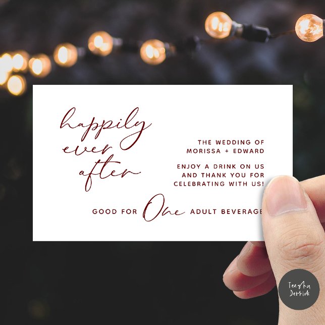Drickbiljett, vuxen dryck, modern bröllopsfest tilläggskort (Happily Ever After, Drink Ticket, Adult Beverage, Modern Wedding Party Enclosure Card Burgundy Wine)