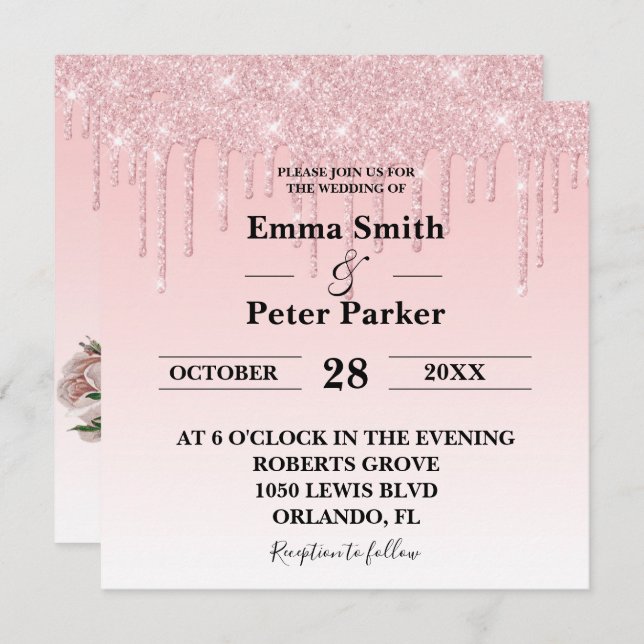 Drickning av Blommigten för  Rosa i Glitter Bröllo Inbjudningar (Fram/baksida)