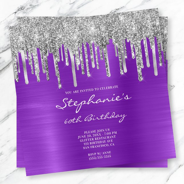 Drickning av Lilan Silver Glitter 60:e födelsedag Inbjudningar (Dripping Silver Glitter Purple Foil Birthday Invite)