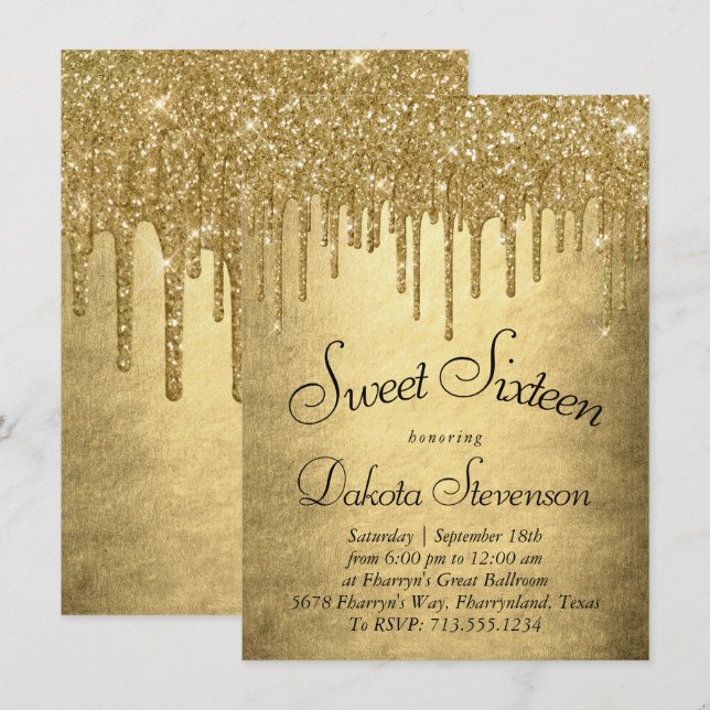 Drickning Guld Glitter | Champagne Sweet sixteen Inbjudningar (Fram/baksida)