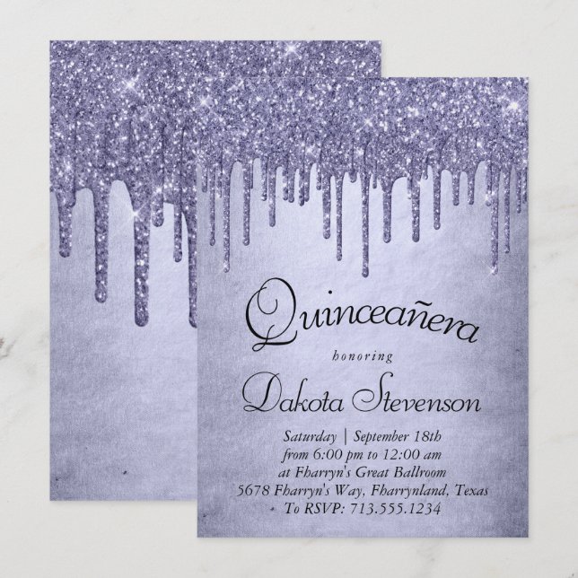 Drickning Lila Glitter | Lavender Quinceanera Inbjudningar (Fram/baksida)