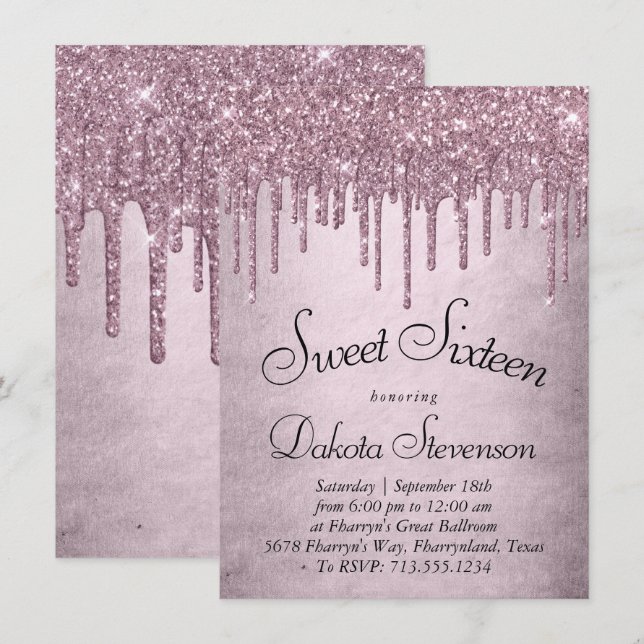 Drickning Mauve Glitter | Dusty Rosa Sweet sixteen Inbjudningar (Fram/baksida)