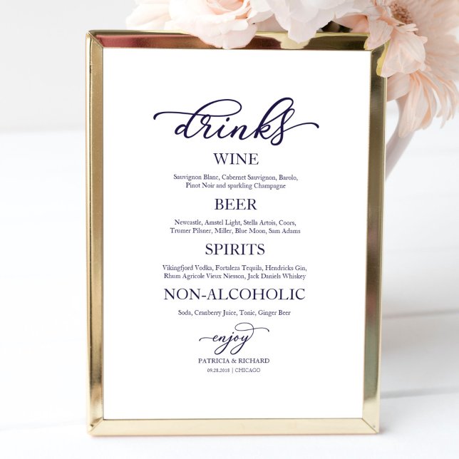 Dricksbar Navy Blue Script Bröllopsskylt Poster (Skapare uppladdad)