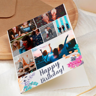 dried wild floral watercolor birthday 7 photo grid kort