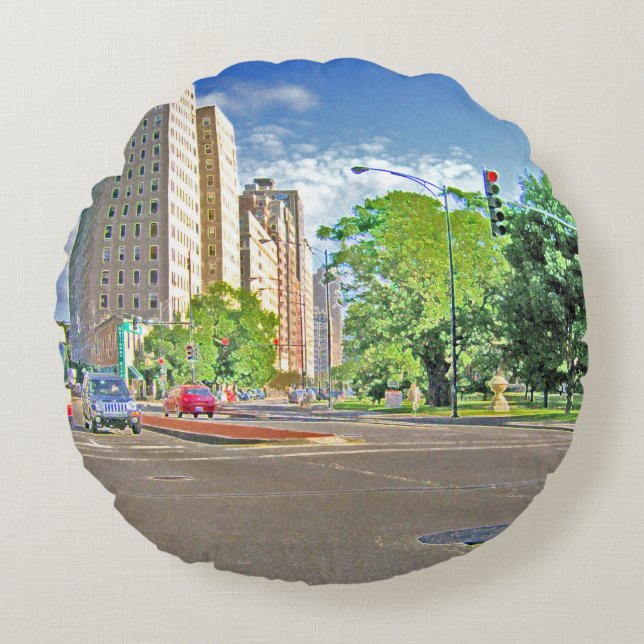 Drift genom Lincoln Avenue Rund Kudde (Framsidan)