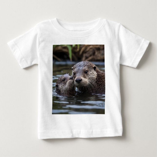 Drift i Kärlek: Mummy och Baby Otter i floden T Shirt (Framsida)