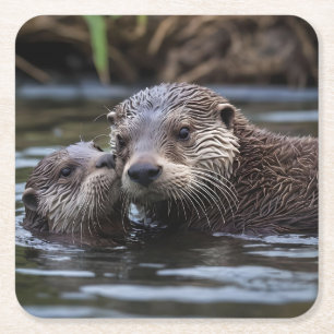 **"Drift i Kärlek: Mummy och Baby Otter"** Underlägg Papper Kvadrat